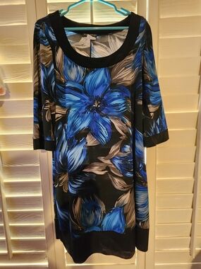 Blu Sage Black Midi Dress with Bold Blue Floral Print Size 16